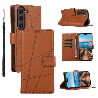Samsung Galaxy S23 5G PU Genuine Leather Texture Embossed Line Phone Case with Card Wallet, Kickstand & Wrist Strap