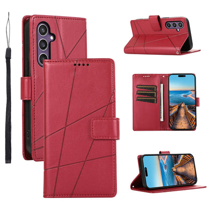 Samsung Galaxy S23 FE 5G PU Genuine Leather Texture Embossed Line Phone Case with Card Wallet, Kickstand & Wrist Strap