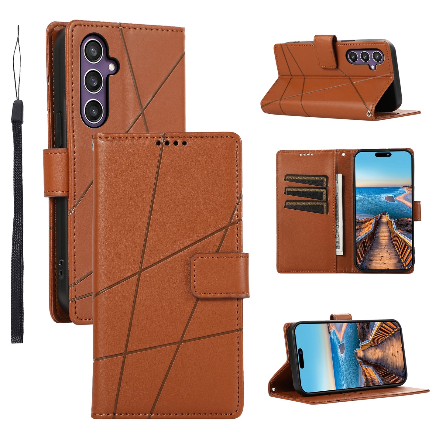 Samsung Galaxy S23 FE 5G PU Genuine Leather Texture Embossed Line Phone Case with Card Wallet, Kickstand & Wrist Strap