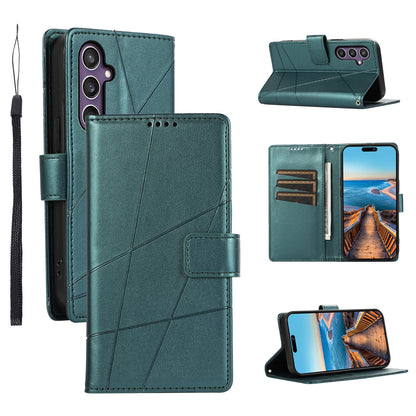 Samsung Galaxy S23 FE 5G PU Genuine Leather Texture Embossed Line Phone Case with Card Wallet, Kickstand & Wrist Strap