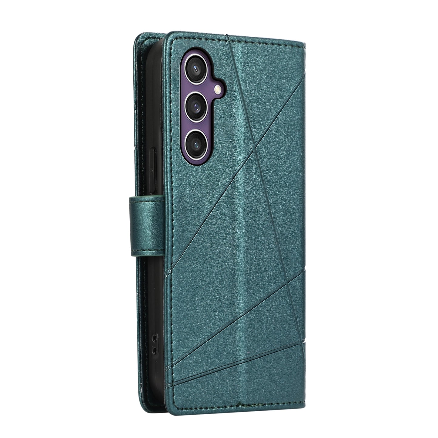 Samsung Galaxy S23 FE 5G PU Genuine Leather Texture Embossed Line Phone Case with Card Wallet, Kickstand & Wrist Strap