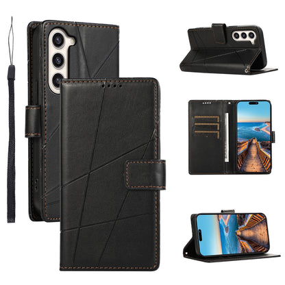 Samsung Galaxy S23+ 5G PU Genuine Leather Texture Embossed Line Phone Case with Card Wallet, Kickstand & Wrist Strap