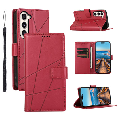 Samsung Galaxy S23+ 5G PU Genuine Leather Texture Embossed Line Phone Case with Card Wallet, Kickstand & Wrist Strap