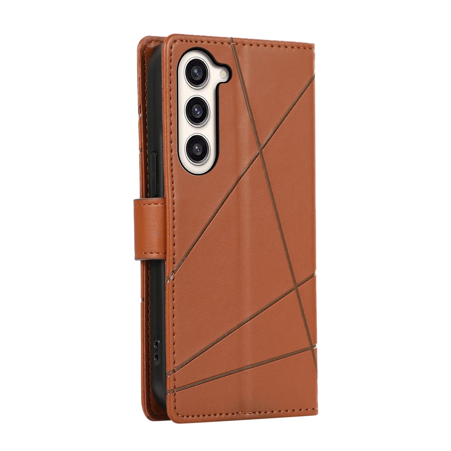 Samsung Galaxy S23+ 5G PU Genuine Leather Texture Embossed Line Phone Case with Card Wallet, Kickstand & Wrist Strap