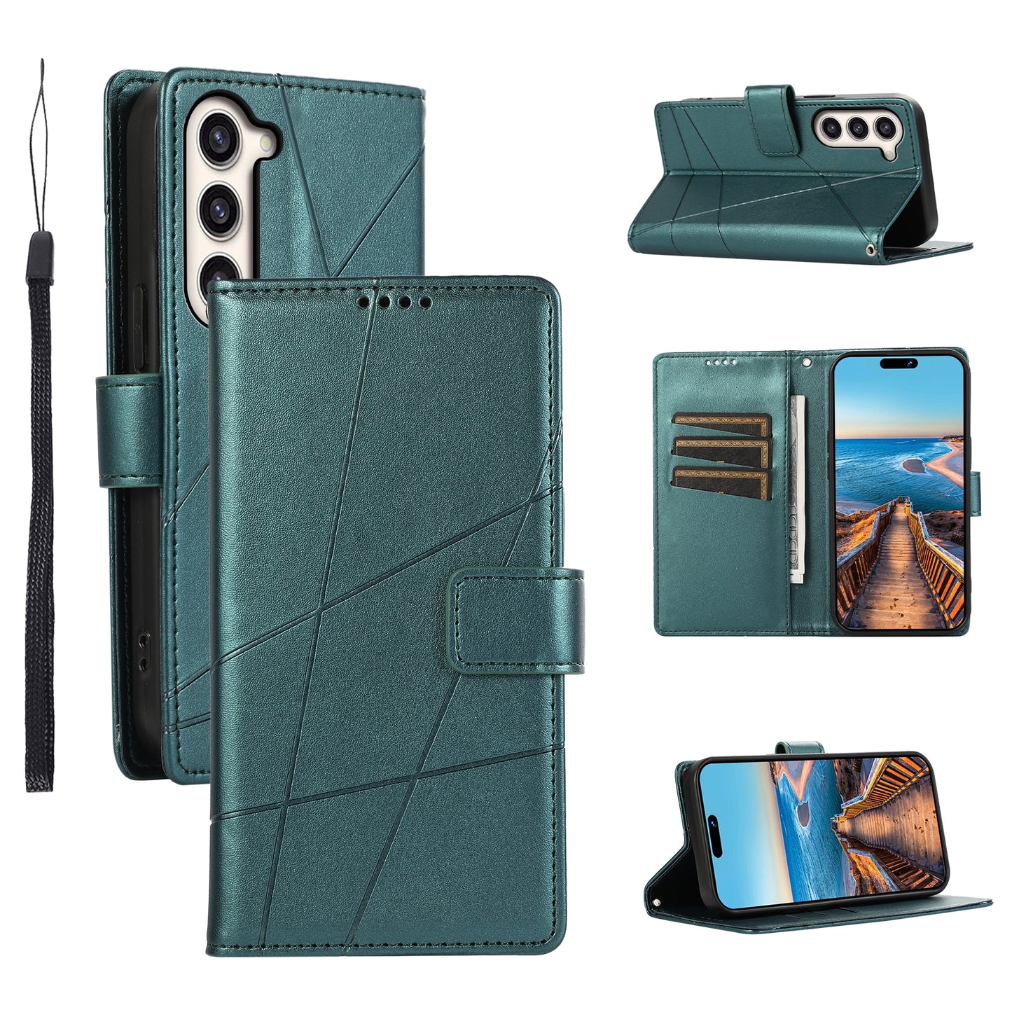 Samsung Galaxy S23+ 5G PU Genuine Leather Texture Embossed Line Phone Case with Card Wallet, Kickstand & Wrist Strap
