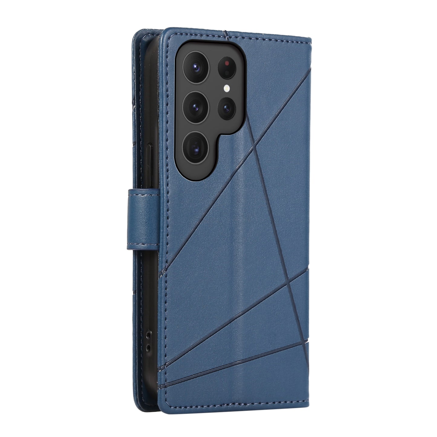 Samsung Galaxy S23 Ultra 5G PU Genuine Leather Texture Embossed Line Phone Case with Card Wallet, Kickstand & Wrist Strap