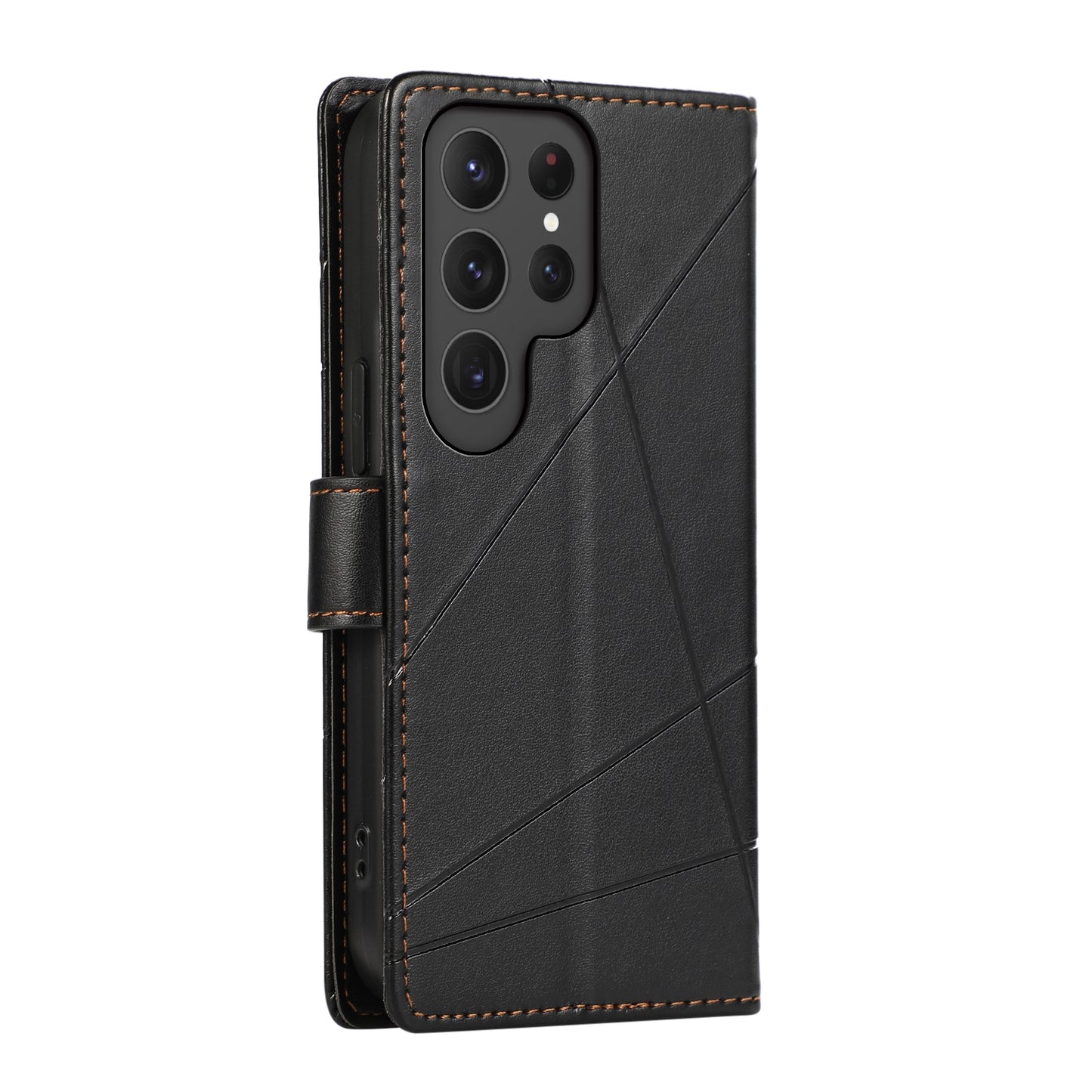 Samsung Galaxy S23 Ultra 5G PU Genuine Leather Texture Embossed Line Phone Case with Card Wallet, Kickstand & Wrist Strap
