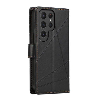Samsung Galaxy S23 Ultra 5G PU Genuine Leather Texture Embossed Line Phone Case with Card Wallet, Kickstand & Wrist Strap