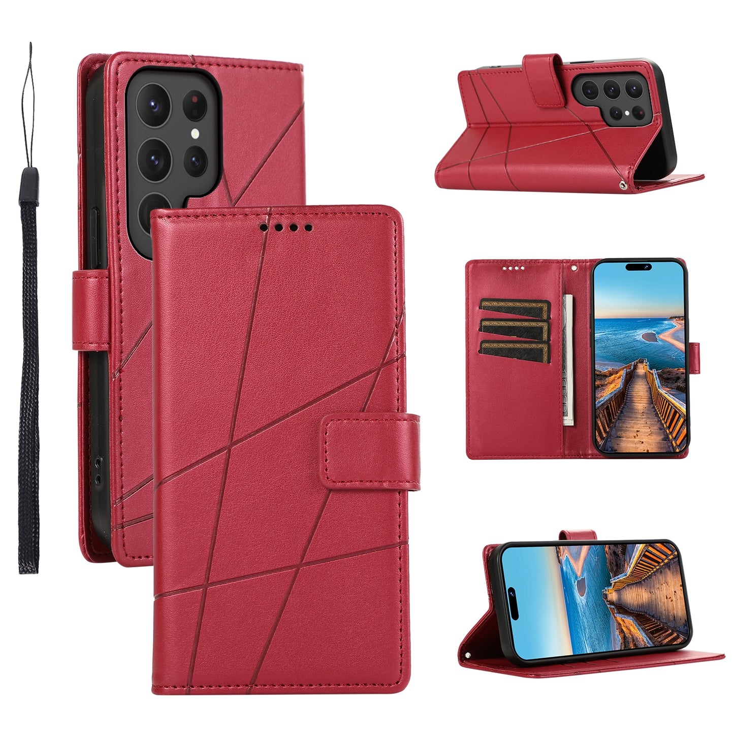 Samsung Galaxy S23 Ultra 5G PU Genuine Leather Texture Embossed Line Phone Case with Card Wallet, Kickstand & Wrist Strap