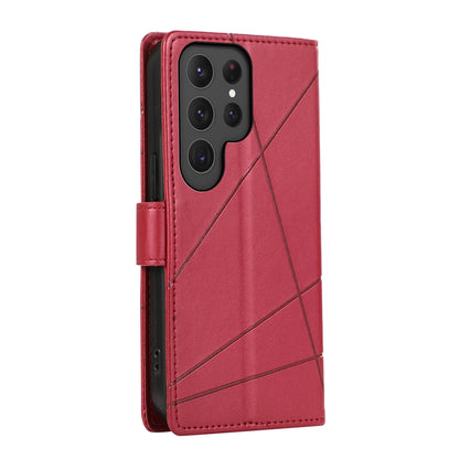 Samsung Galaxy S23 Ultra 5G PU Genuine Leather Texture Embossed Line Phone Case with Card Wallet, Kickstand & Wrist Strap