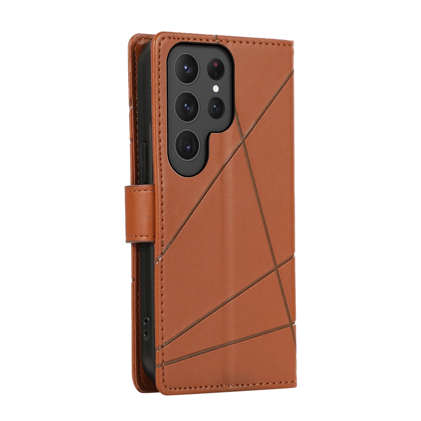 Samsung Galaxy S23 Ultra 5G PU Genuine Leather Texture Embossed Line Phone Case with Card Wallet, Kickstand & Wrist Strap