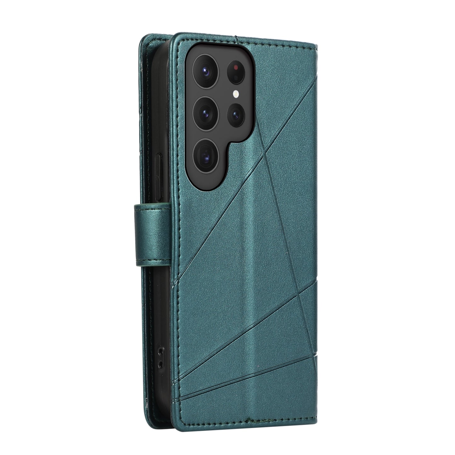 Samsung Galaxy S23 Ultra 5G PU Genuine Leather Texture Embossed Line Phone Case with Card Wallet, Kickstand & Wrist Strap