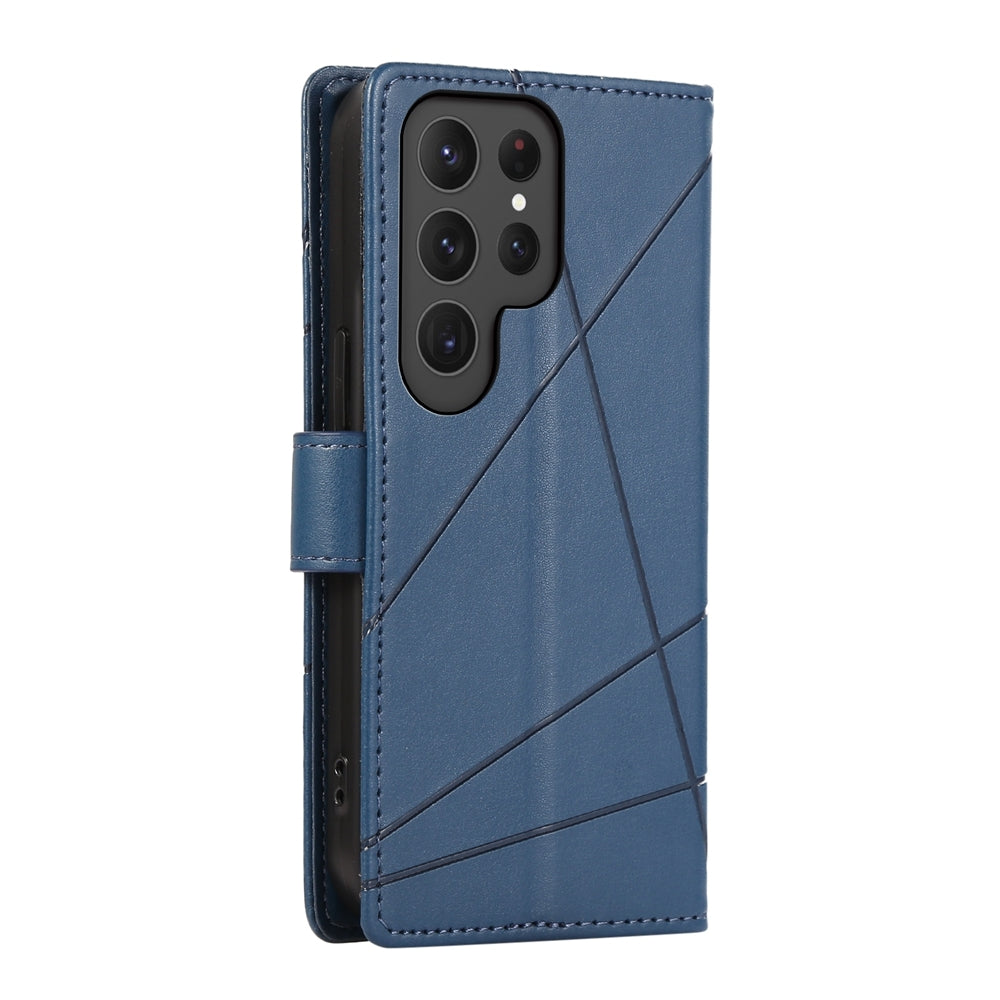 Samsung Galaxy S24 Ultra 5G PU Genuine Leather Texture Embossed Line Phone Case with Card Wallet, Kickstand & Wrist Strap