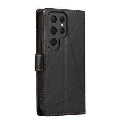 Samsung Galaxy S24 Ultra 5G PU Genuine Leather Texture Embossed Line Phone Case with Card Wallet, Kickstand & Wrist Strap