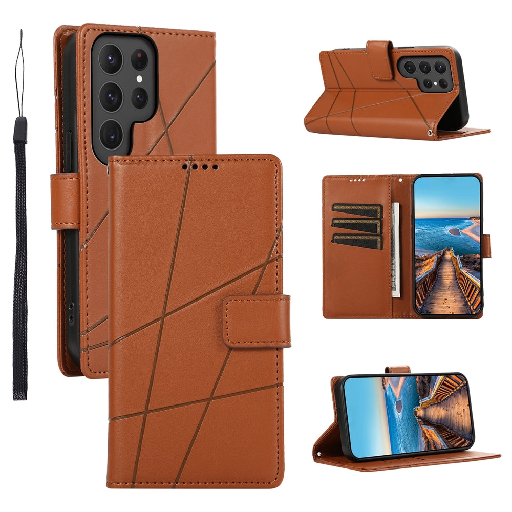 Samsung Galaxy S24 Ultra 5G PU Genuine Leather Texture Embossed Line Phone Case with Card Wallet, Kickstand & Wrist Strap