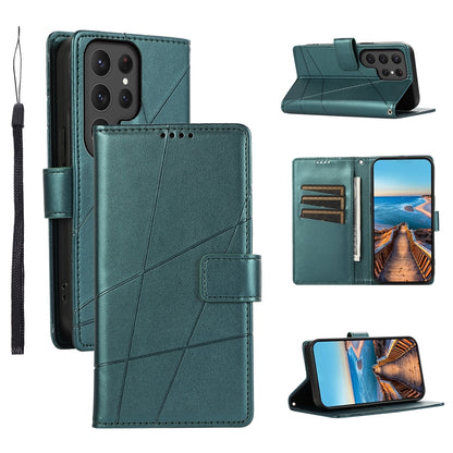 Samsung Galaxy S24 Ultra 5G PU Genuine Leather Texture Embossed Line Phone Case with Card Wallet, Kickstand & Wrist Strap
