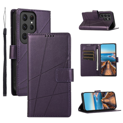 Samsung Galaxy S24 Ultra 5G PU Genuine Leather Texture Embossed Line Phone Case with Card Wallet, Kickstand & Wrist Strap