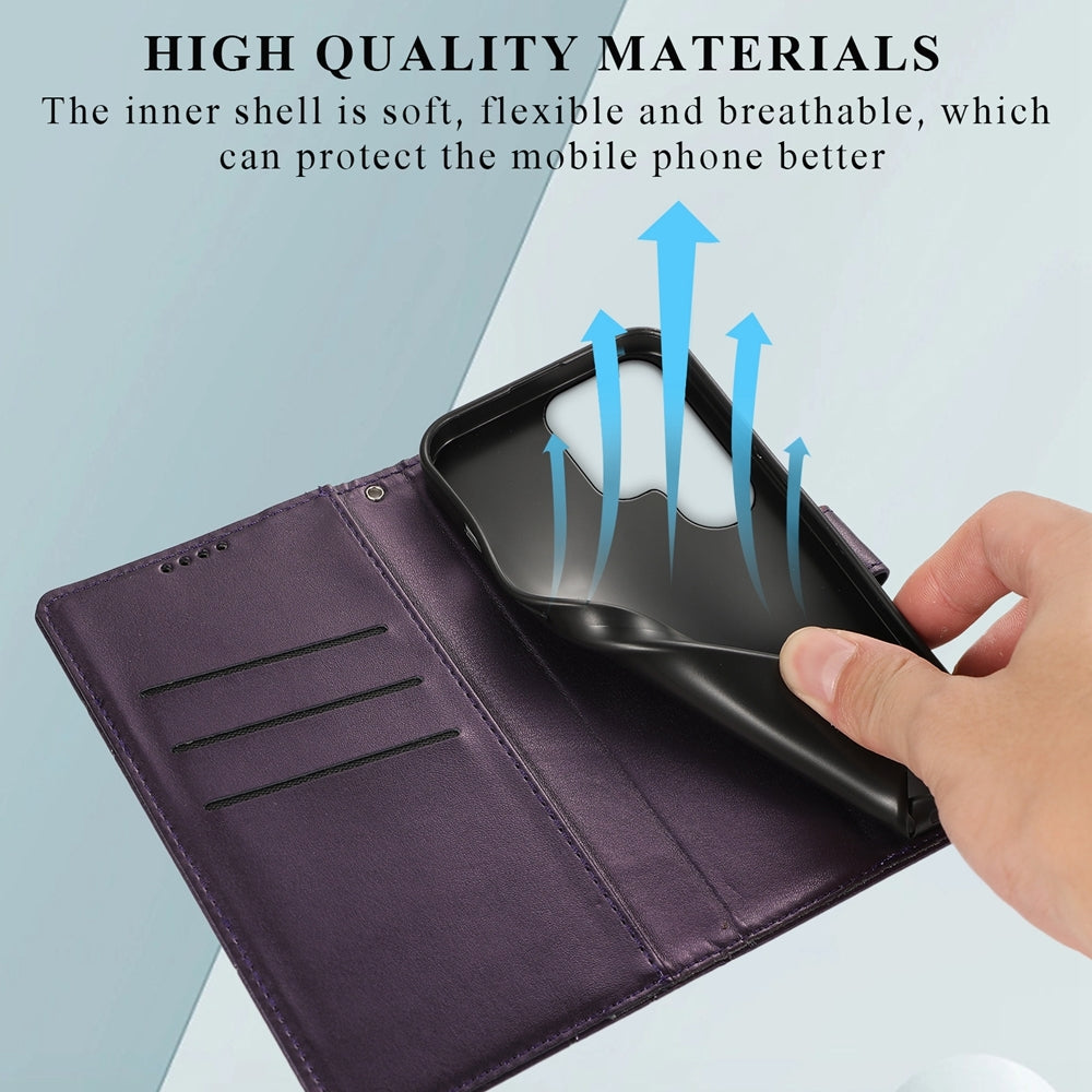 Samsung Galaxy S24 Ultra 5G PU Genuine Leather Texture Embossed Line Phone Case with Card Wallet, Kickstand & Wrist Strap