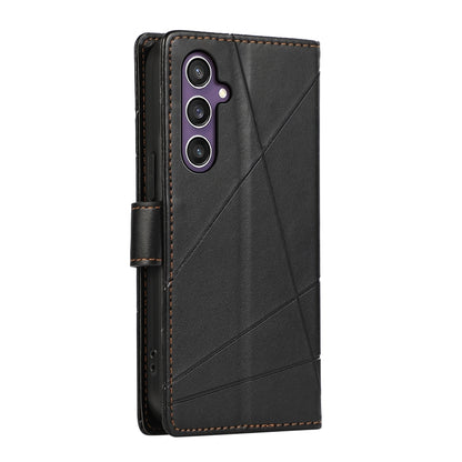 Samsung Galaxy S24 5G PU Genuine Leather Texture Embossed Line Phone Case with Card Wallet, Kickstand & Wrist Strap