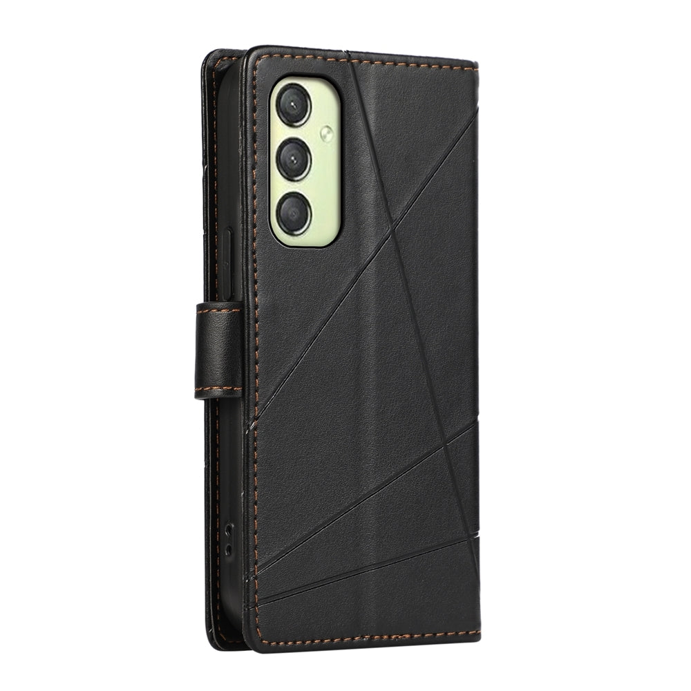 Samsung Galaxy A25 5G PU Genuine Leather Texture Embossed Line Phone Case with Card Wallet, Kickstand & Wrist Strap