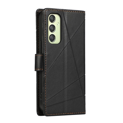 Samsung Galaxy A25 5G PU Genuine Leather Texture Embossed Line Phone Case with Card Wallet, Kickstand & Wrist Strap