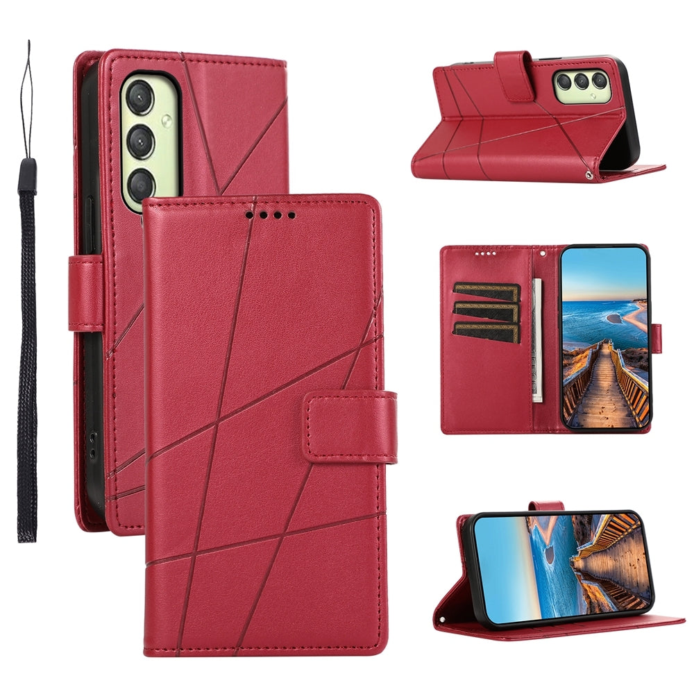 Samsung Galaxy A25 5G PU Genuine Leather Texture Embossed Line Phone Case with Card Wallet, Kickstand & Wrist Strap