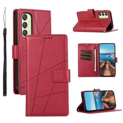 Samsung Galaxy A25 5G PU Genuine Leather Texture Embossed Line Phone Case with Card Wallet, Kickstand & Wrist Strap