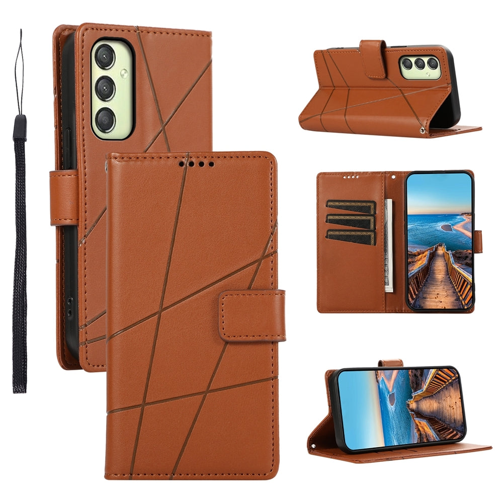 Samsung Galaxy A25 5G PU Genuine Leather Texture Embossed Line Phone Case with Card Wallet, Kickstand & Wrist Strap