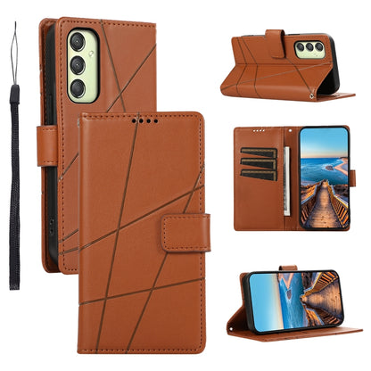 Samsung Galaxy A25 5G PU Genuine Leather Texture Embossed Line Phone Case with Card Wallet, Kickstand & Wrist Strap