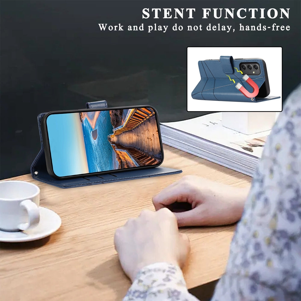 Samsung Galaxy A35 PU Genuine Leather Texture Embossed Line Phone Case with Card Wallet, Kickstand & Wrist Strap
