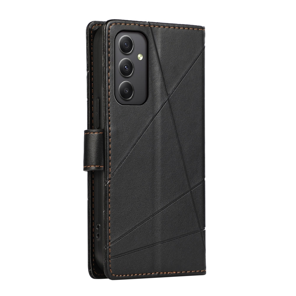 Samsung Galaxy A35 PU Genuine Leather Texture Embossed Line Phone Case with Card Wallet, Kickstand & Wrist Strap