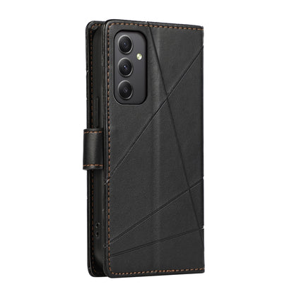 Samsung Galaxy A35 PU Genuine Leather Texture Embossed Line Phone Case with Card Wallet, Kickstand & Wrist Strap