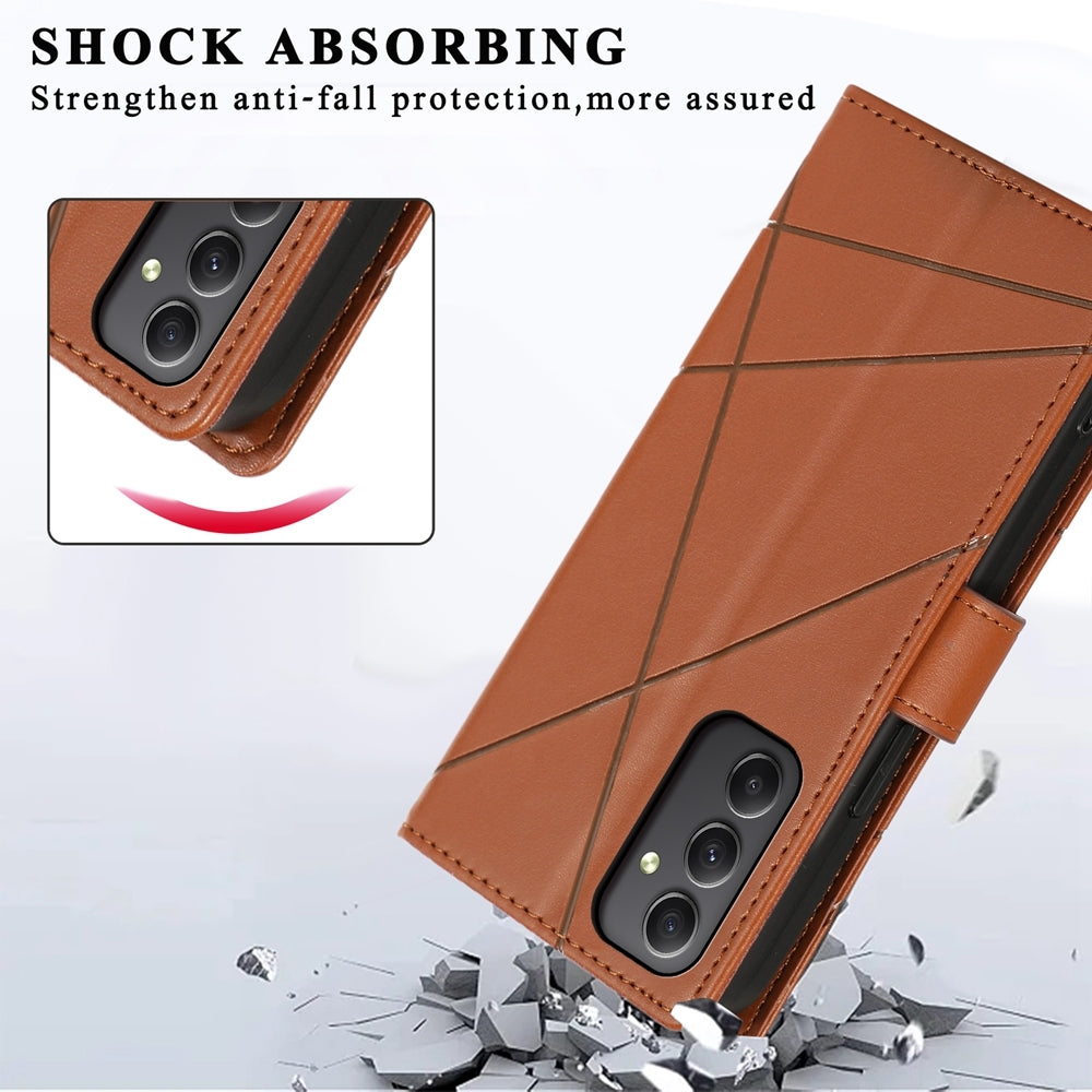 Samsung Galaxy A35 PU Genuine Leather Texture Embossed Line Phone Case with Card Wallet, Kickstand & Wrist Strap