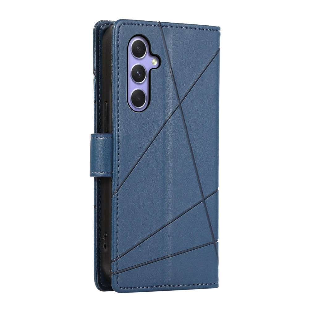 Samsung Galaxy A55 PU Genuine Leather Texture Embossed Line Phone Case with Card Wallet, Kickstand & Wrist Strap