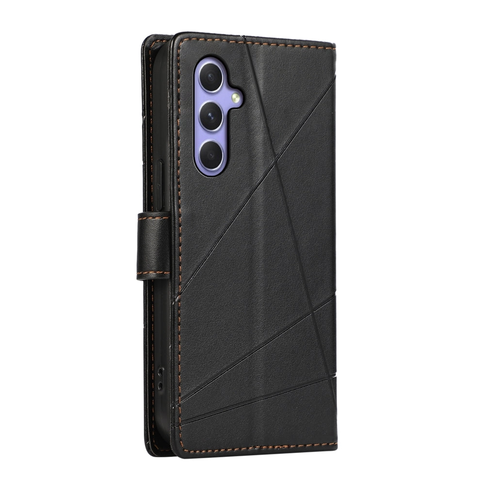 Samsung Galaxy A55 PU Genuine Leather Texture Embossed Line Phone Case with Card Wallet, Kickstand & Wrist Strap