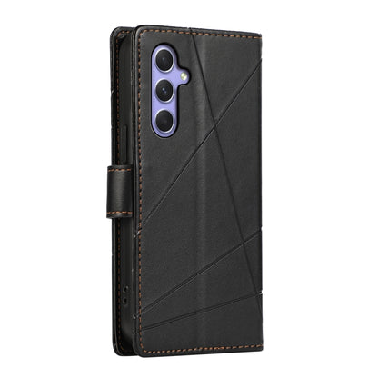 Samsung Galaxy A55 PU Genuine Leather Texture Embossed Line Phone Case with Card Wallet, Kickstand & Wrist Strap