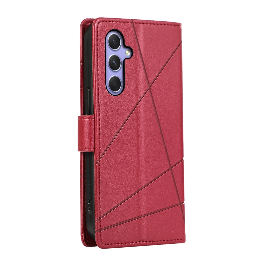 Samsung Galaxy A55 PU Genuine Leather Texture Embossed Line Phone Case with Card Wallet, Kickstand & Wrist Strap