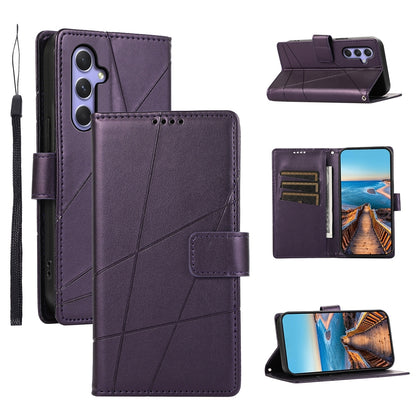 Samsung Galaxy A55 PU Genuine Leather Texture Embossed Line Phone Case with Card Wallet, Kickstand & Wrist Strap