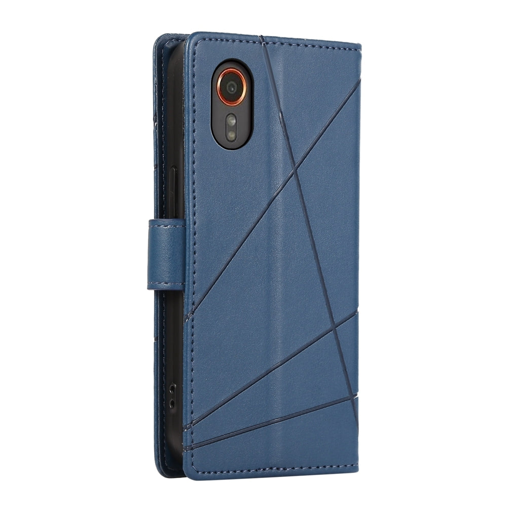 Samsung Galaxy XCover 7 PU Genuine Leather Texture Embossed Line Phone Case with Card Wallet, Kickstand & Wrist Strap