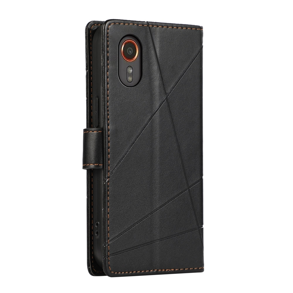 Samsung Galaxy XCover 7 PU Genuine Leather Texture Embossed Line Phone Case with Card Wallet, Kickstand & Wrist Strap