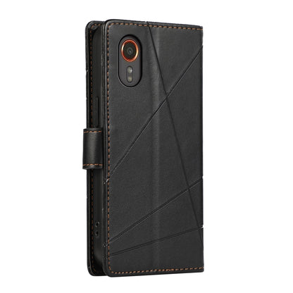 Samsung Galaxy XCover 7 PU Genuine Leather Texture Embossed Line Phone Case with Card Wallet, Kickstand & Wrist Strap