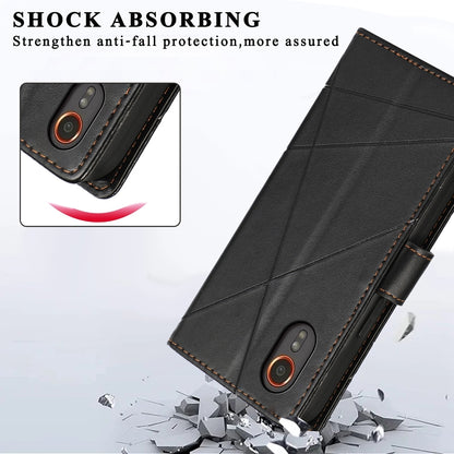 Samsung Galaxy XCover 7 PU Genuine Leather Texture Embossed Line Phone Case with Card Wallet, Kickstand & Wrist Strap
