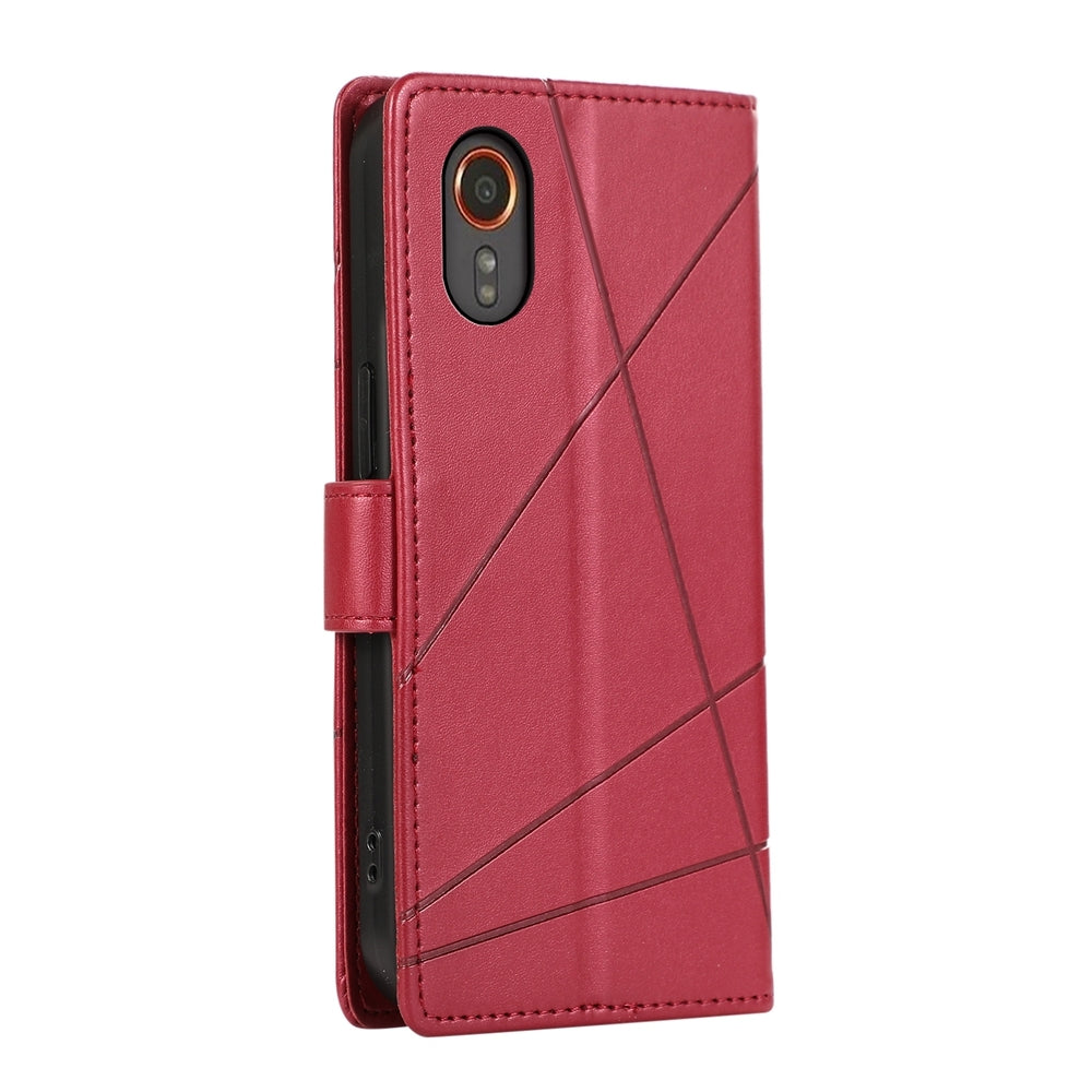 Samsung Galaxy XCover 7 PU Genuine Leather Texture Embossed Line Phone Case with Card Wallet, Kickstand & Wrist Strap