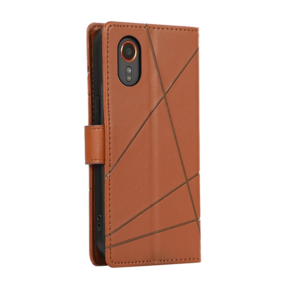 Samsung Galaxy XCover 7 PU Genuine Leather Texture Embossed Line Phone Case with Card Wallet, Kickstand & Wrist Strap
