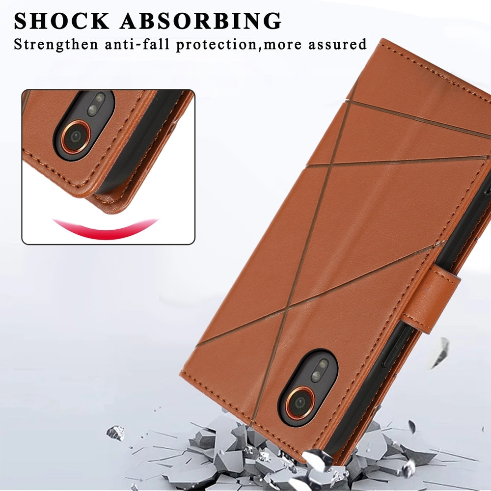 Samsung Galaxy XCover 7 PU Genuine Leather Texture Embossed Line Phone Case with Card Wallet, Kickstand & Wrist Strap
