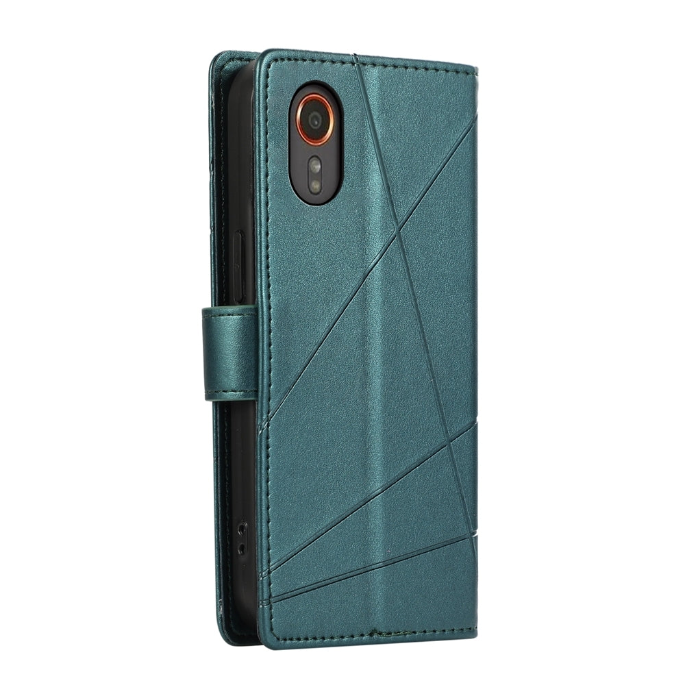 Samsung Galaxy XCover 7 PU Genuine Leather Texture Embossed Line Phone Case with Card Wallet, Kickstand & Wrist Strap