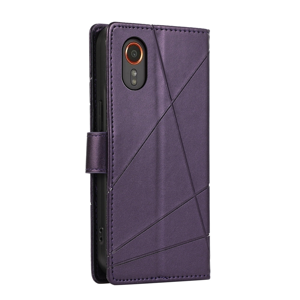 Samsung Galaxy XCover 7 PU Genuine Leather Texture Embossed Line Phone Case with Card Wallet, Kickstand & Wrist Strap