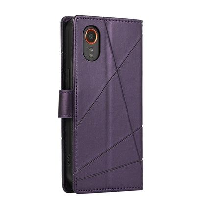 Samsung Galaxy XCover 7 PU Genuine Leather Texture Embossed Line Phone Case with Card Wallet, Kickstand & Wrist Strap