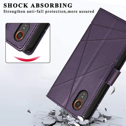Samsung Galaxy XCover 7 PU Genuine Leather Texture Embossed Line Phone Case with Card Wallet, Kickstand & Wrist Strap