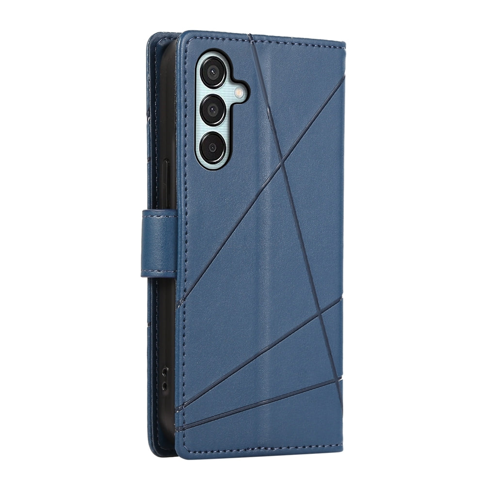 Samsung Galaxy M15/F15 5G PU Genuine Leather Texture Embossed Line Phone Case with Card Wallet, Kickstand & Wrist Strap